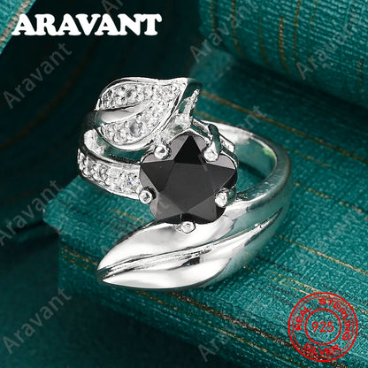 925 Sterling Silver Black Zircon Leaf Ring For Women, Commuter Accessories, Christmas Gift Jewelry