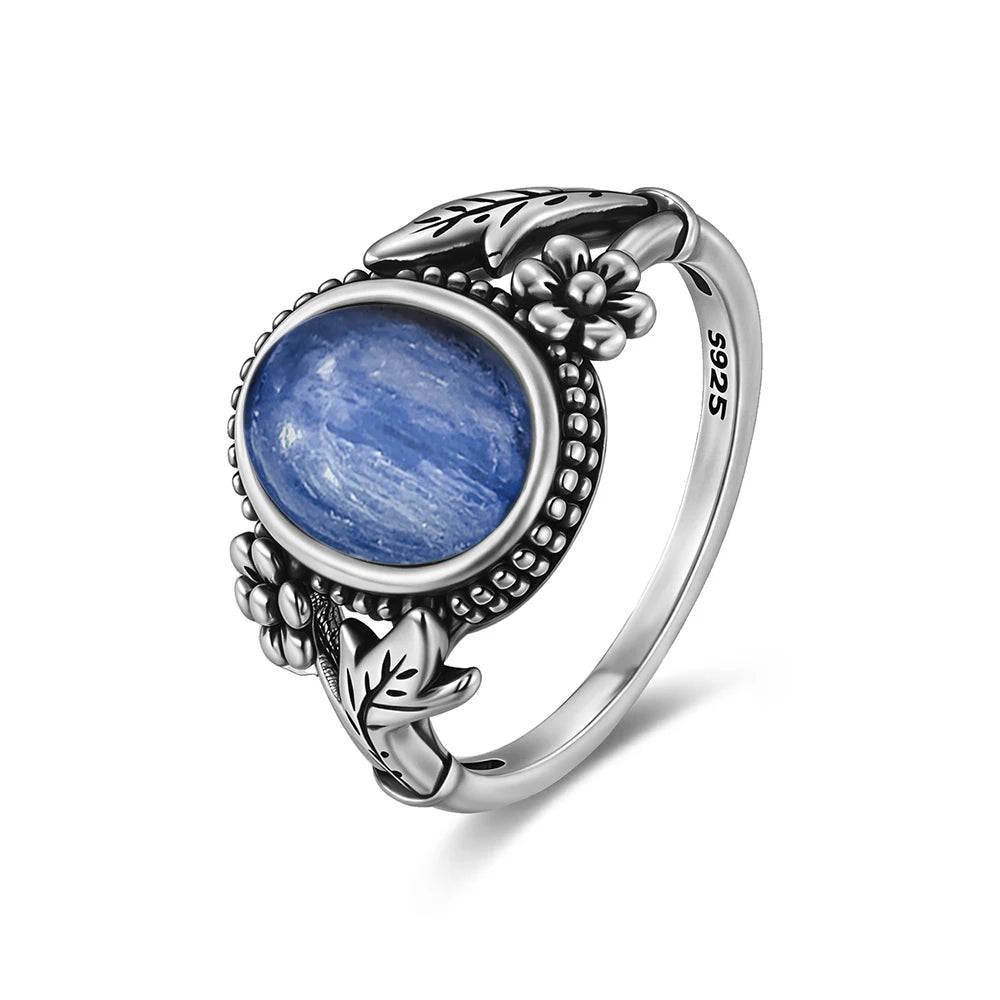 Vintage S925 Sterling Silver Ring Oval Round Natural Kyanite Ring Sun And Flower Shaped Retro Fine Jewelry For Women Men