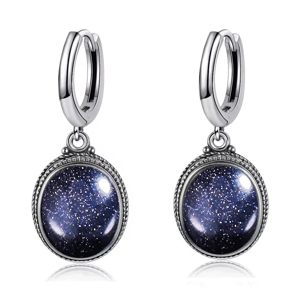 Vintage 925 Sterling Silver Earring Oval Natural Kyanite Stone Moonstone Labradorite Hoop Earrings With Necklace Set For Women