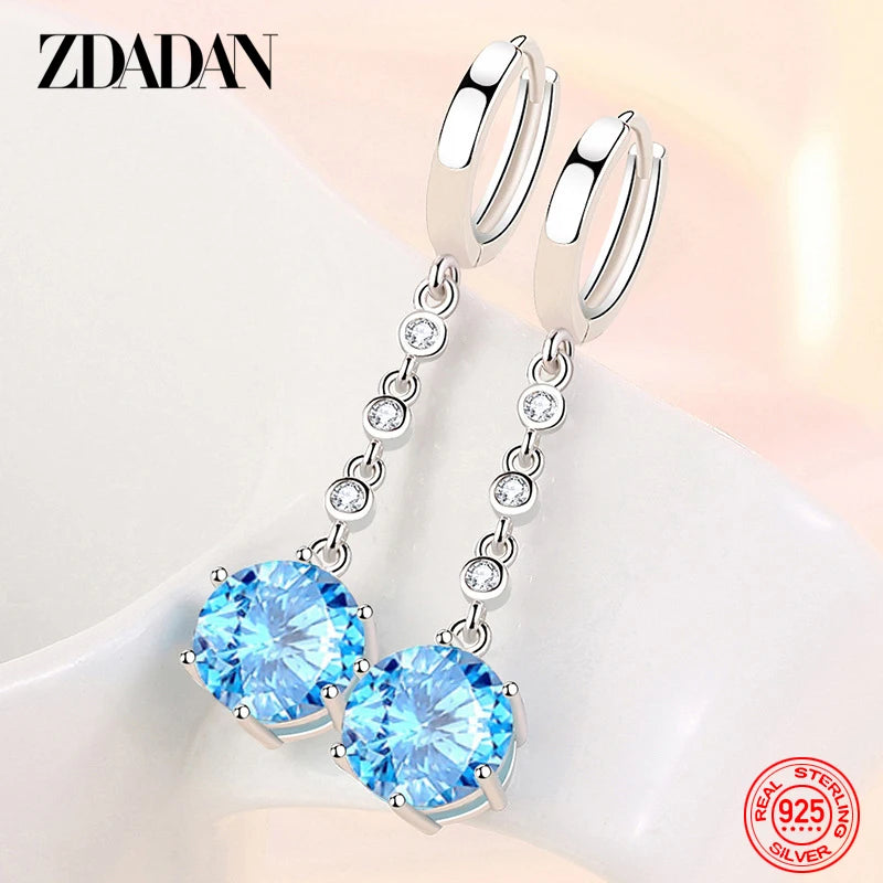 ZDADAN 925 Sterling Silver Blue Crystal Long Drop Earrings For Women Fashion Wedding Jewelry Gifts