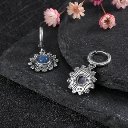 S925 Silver Snowflake Natural Kyanite Earrings for Women Round 6MM Blue Stone Vintage Jewelry Party Anniversary Gifts