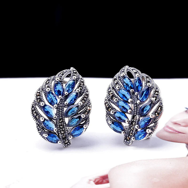 S925 Sterling Silver Stud Earrings for Women New Women's Fashion Relief Leaf Marcasite Garnet Agate Silver Ear-Clip Jewelry