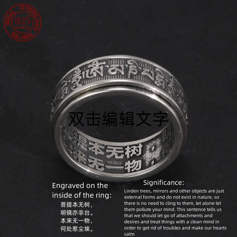 Real 925 Sterling Silver Vintage Rings  Rotatable Tibetan Six Words Mantra Rings Om Mani Padme Hum Buddhist Jewelry
