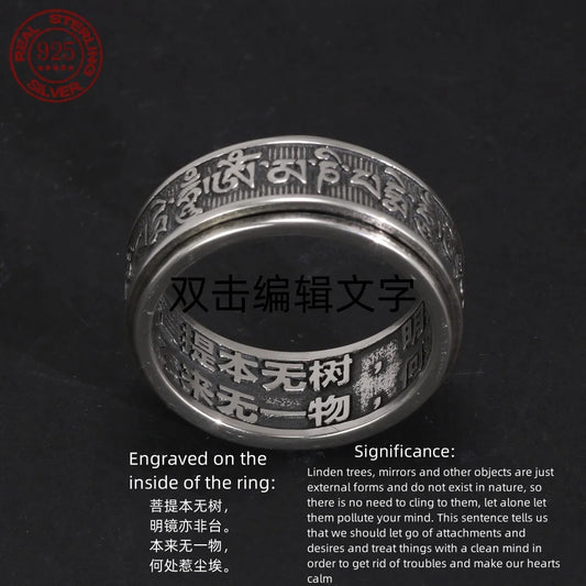 Real 925 Sterling Silver Vintage Rings  Rotatable Tibetan Six Words Mantra Rings Om Mani Padme Hum Buddhist Jewelry