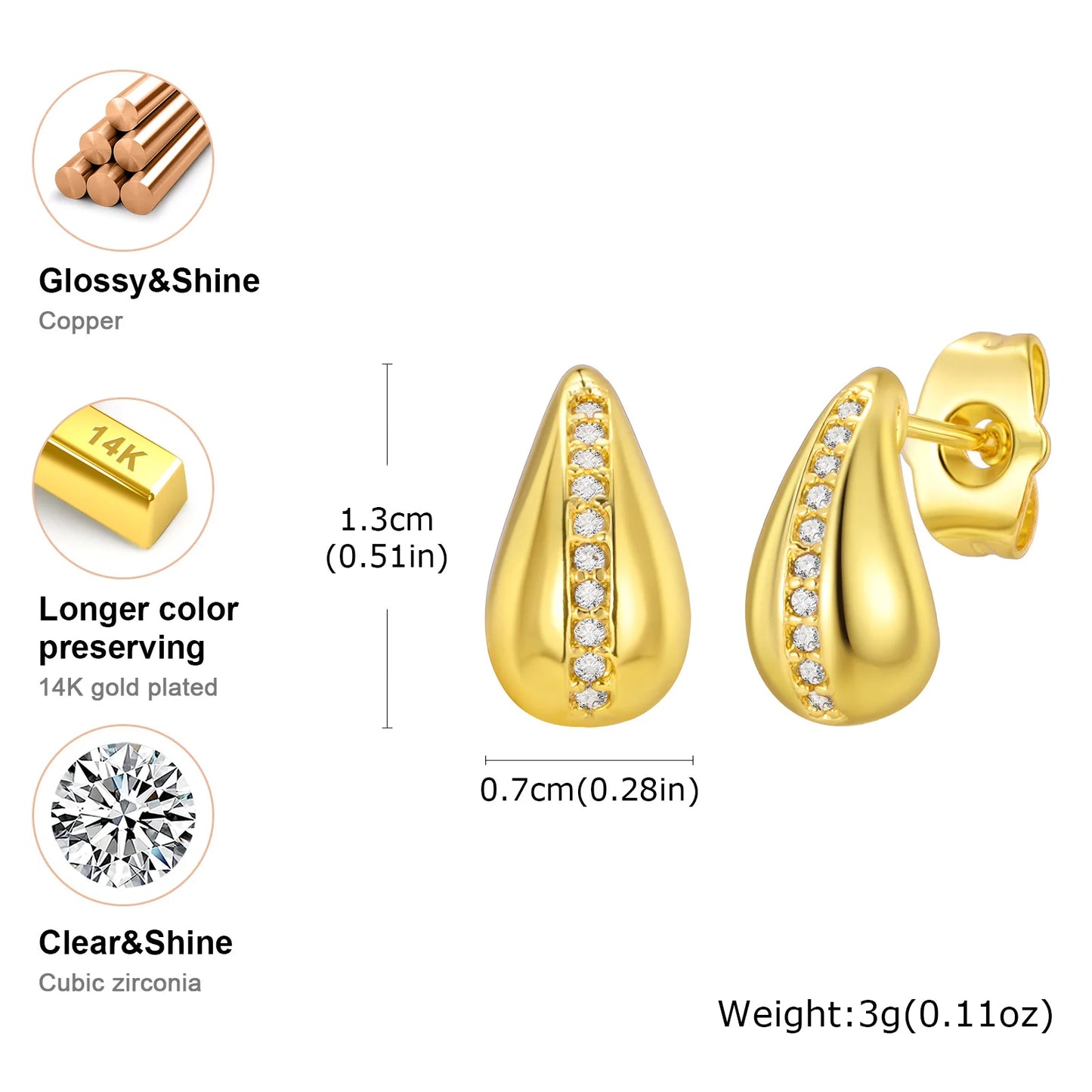 Teardrop Gold Plated Earrings for Women, Zirconia Water Droplet Stud Earring, Birthday Wedding Party Jewelery