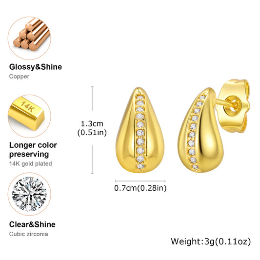 Teardrop Gold Plated Earrings for Women, Zirconia Water Droplet Stud Earring, Birthday Wedding Party Jewelery
