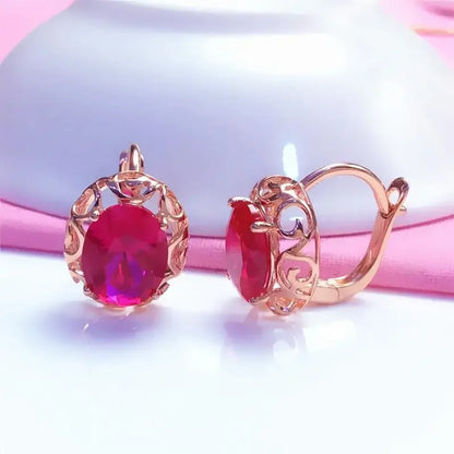 New 585 purple gold inlaid ruby earrings for women hollow design 14K rose gold classic luxury engagement jewelry for girlfriend