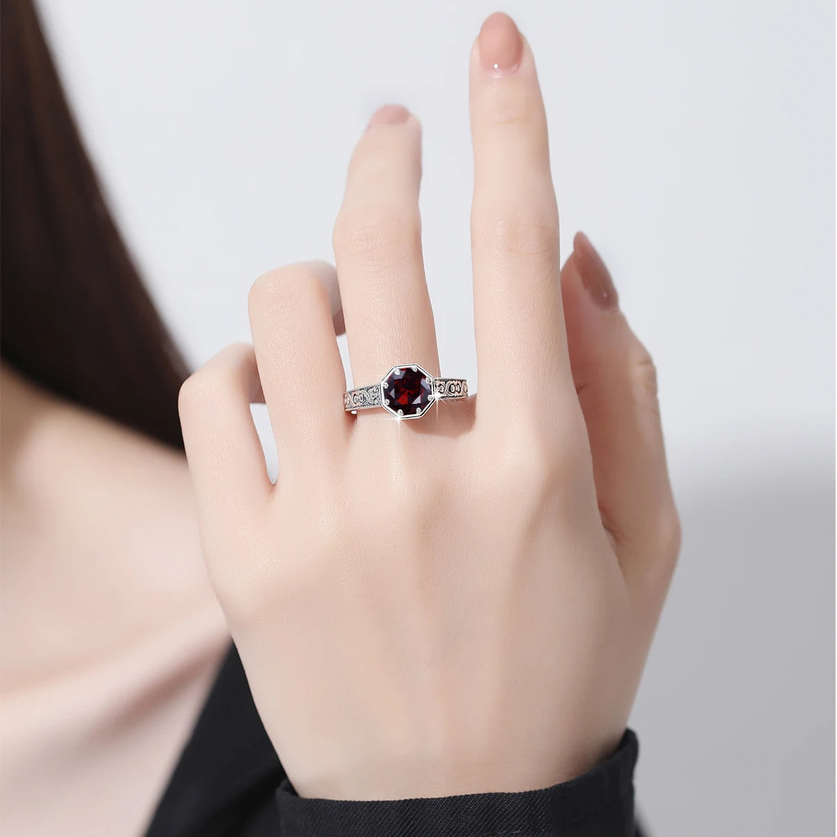Real 925 Sterling Silver Birthstone Rings for Man Woman Fashion Octagon Emerald Garnet Crystal Argentum Gems Handmade Jewelry