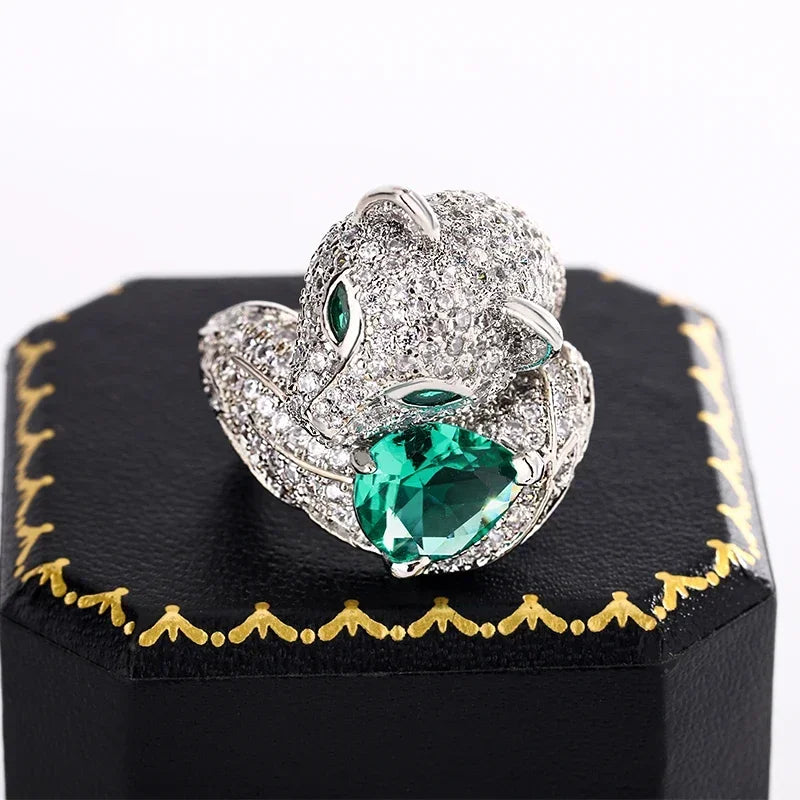 Creative Leopard Head with Green Eyes Stud Ring For Women 925 Silver Micro Paved with CZ Stone Animal Earring Jewelry Fox Ring