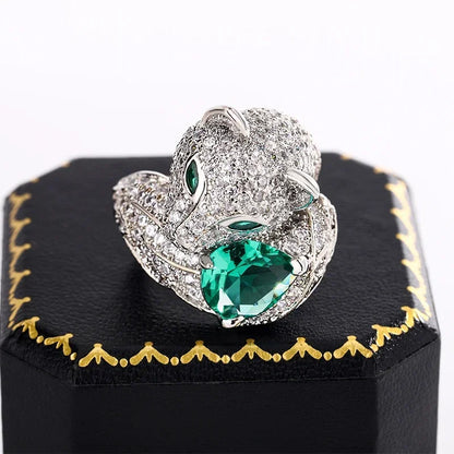 Creative Leopard Head with Green Eyes Stud Ring For Women 925 Silver Micro Paved with CZ Stone Animal Earring Jewelry Fox Ring