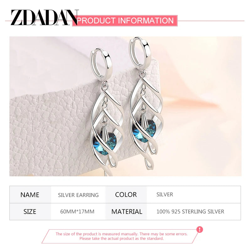 ZDADAN 925 Silver Hollow Blue Crystal Long Drop Earrings For Women Fashion Wedding Jewelry Gift