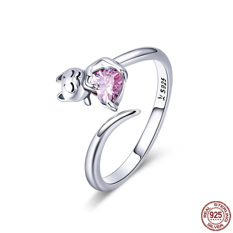 Bamoer Genuine 925 Sterling Silver Cute Cat And Dog Adjustable Ring For Women S925 Open Animal Ring Fine Jewelry Accessories