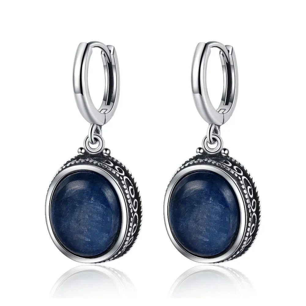Vintage 925 Sterling Silver Earring Oval Natural Kyanite Stone Moonstone Labradorite Hoop Earrings With Necklace Set For Women