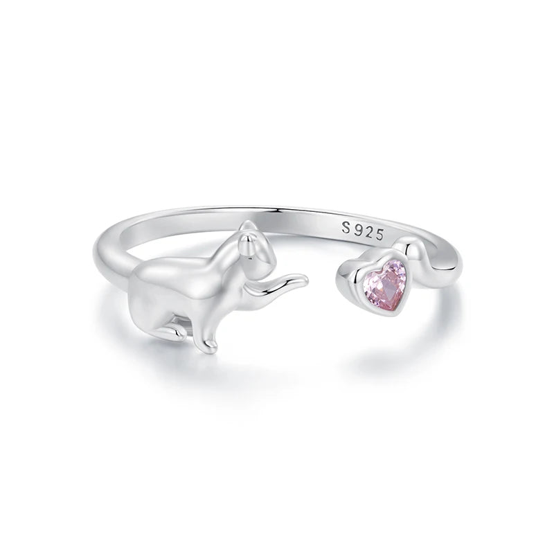 Bamoer Genuine 925 Sterling Silver Cute Cat And Dog Adjustable Ring For Women S925 Open Animal Ring Fine Jewelry Accessories