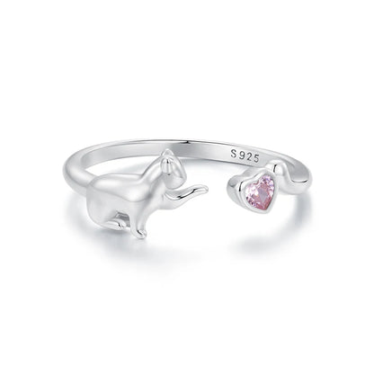 Bamoer Genuine 925 Sterling Silver Cute Cat And Dog Adjustable Ring For Women S925 Open Animal Ring Fine Jewelry Accessories