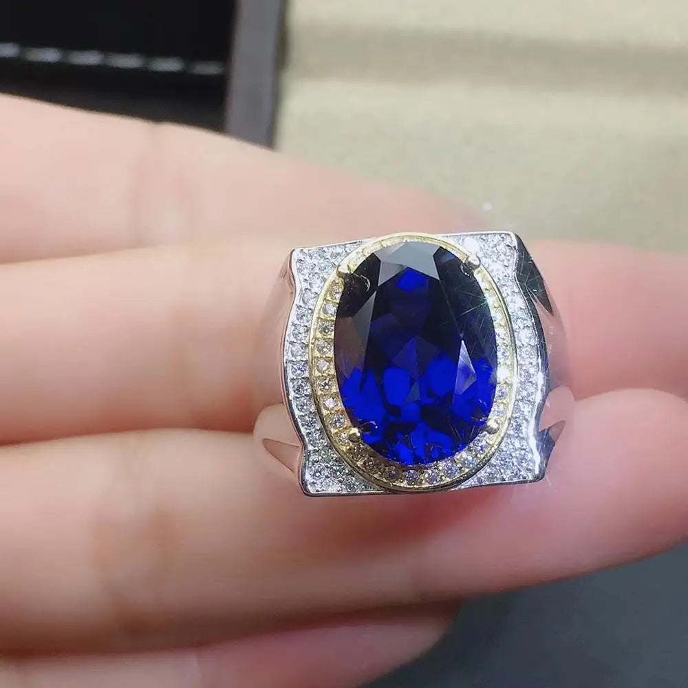 exquisite royal blue sapphire gemstone ring for men ring big gem good cut 925 sterling silver birthday gift big size 10x14mm