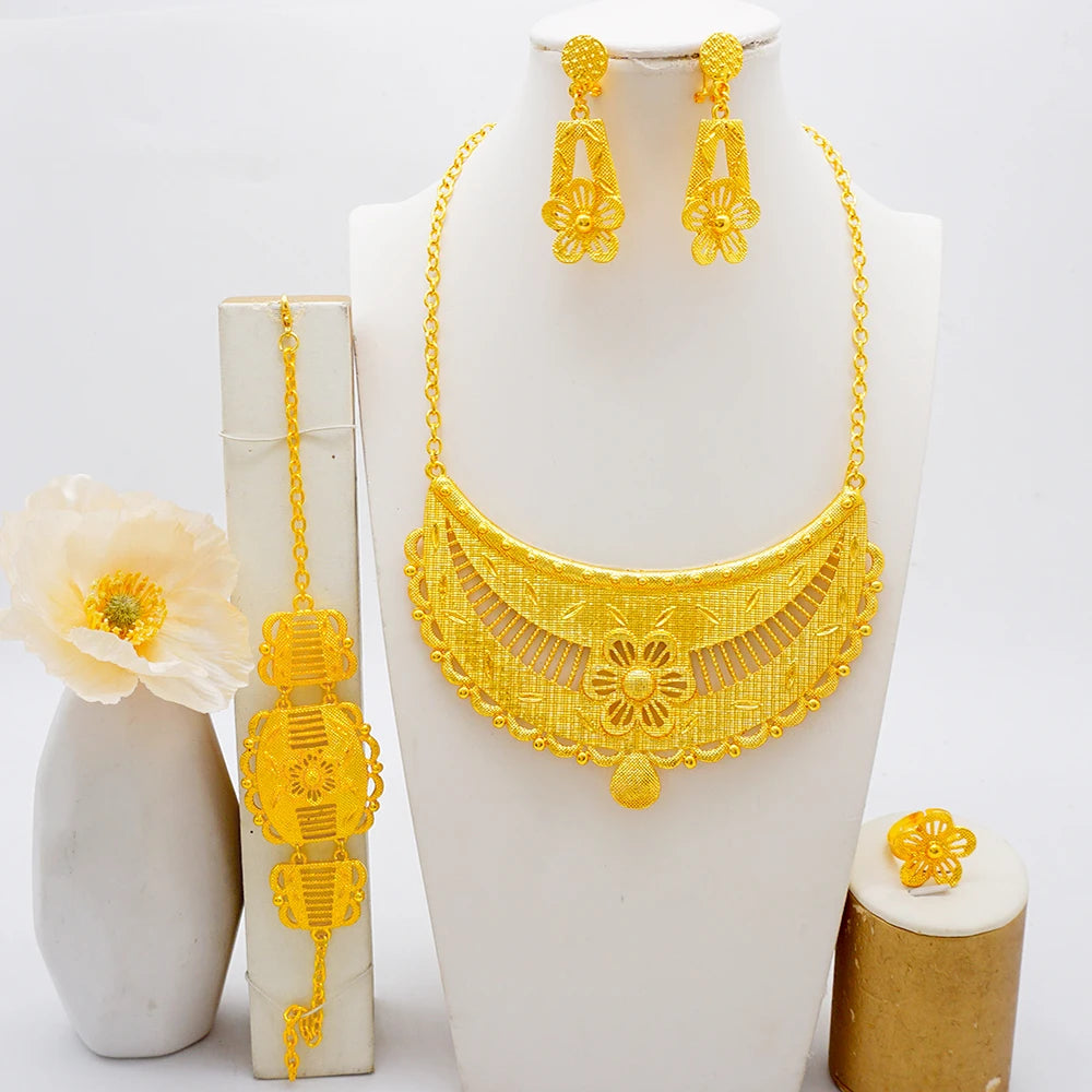 New African Jewelry Set Big Necklace Dubai Ethiopian Gold Color Jewelery Earring Bracelet For Women Bridal Choker Wholesale