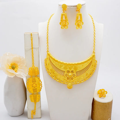 New African Jewelry Set Big Necklace Dubai Ethiopian Gold Color Jewelery Earring Bracelet For Women Bridal Choker Wholesale