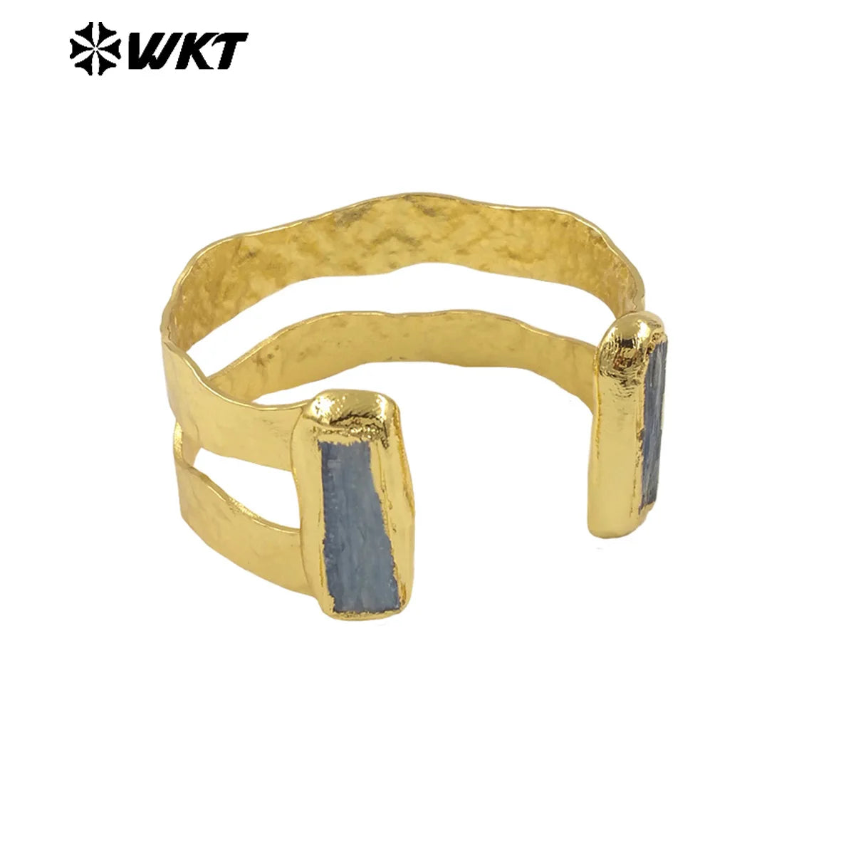 WT-B665 Natural Rectangle Blue Kyanite Hollow Design 18k Gold Plated Cuff Adjustable Bangle For Unisex Decorated