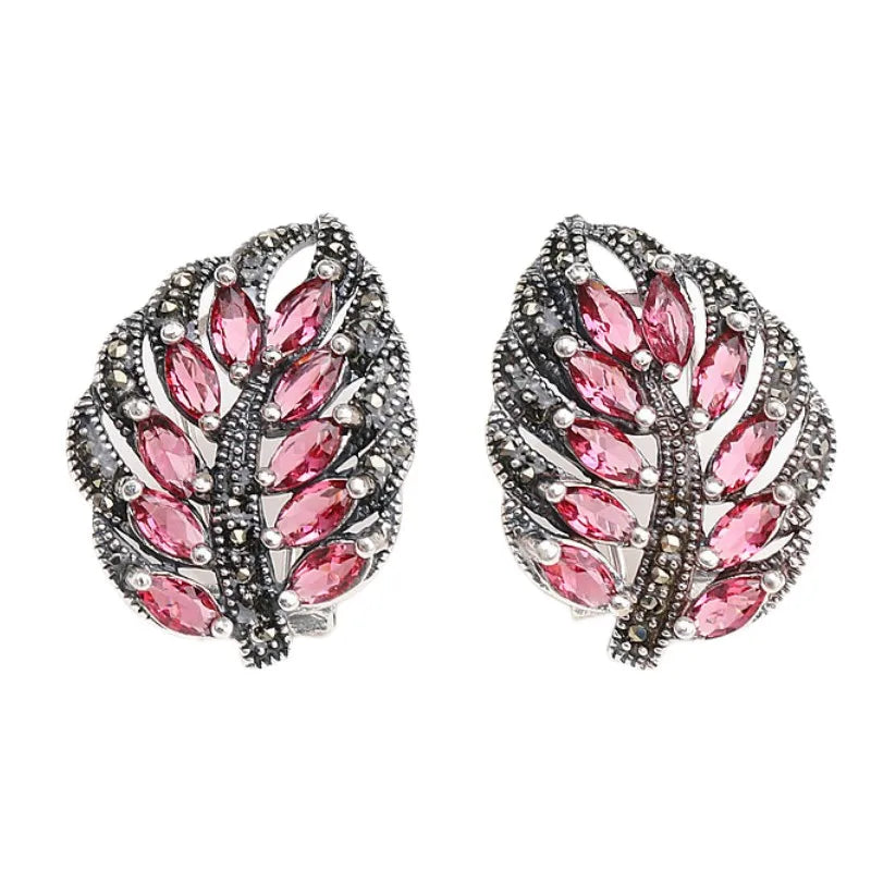 S925 Sterling Silver Stud Earrings for Women New Women's Fashion Relief Leaf Marcasite Garnet Agate Silver Ear-Clip Jewelry