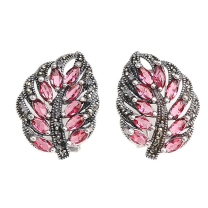S925 Sterling Silver Stud Earrings for Women New Women's Fashion Relief Leaf Marcasite Garnet Agate Silver Ear-Clip Jewelry