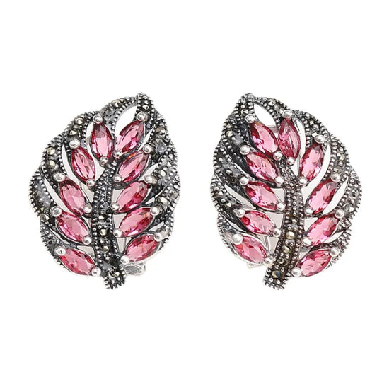 S925 Sterling Silver Stud Earrings for Women New Women's Fashion Relief Leaf Marcasite Garnet Agate  Argentum Ear-Clip Jewelry