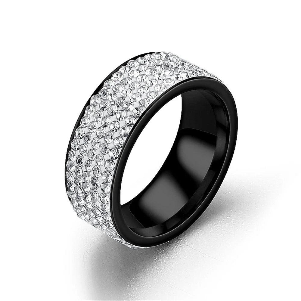 Hip Hop Iced Out Bling Ring 8mm Male Black/Gold/Silver Color Stainless Steel Engagement Wedding Rings for Women Men Jewelry Gift