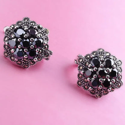 S925 Sterling Silver Earrings for Women New Women's Fashion Relief Flower Marcasite Garnet Agate Argentum Ear-Clip Jewelry