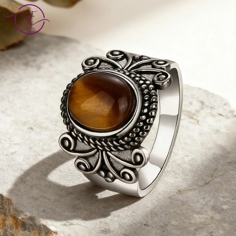 Retro Natural Ring for Men Women  Tiger's Eye Rhodochrosite Kyanite Amethyst Stone Rings Jewelry Party Birthday Gift Wholesale
