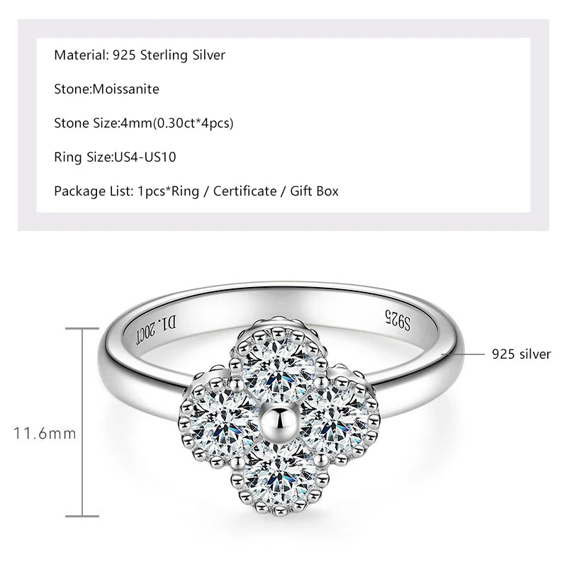Lnngy 4MM Moissanite Four Leaf Clover Ring For Women Exquisite Anelli Argento 925 Sterling Silver Wedding Rings Jewelry Gift