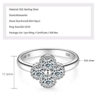 Lnngy 4MM Moissanite Four Leaf Clover Ring For Women Exquisite Anelli Argento 925 Sterling Silver Wedding Rings Jewelry Gift