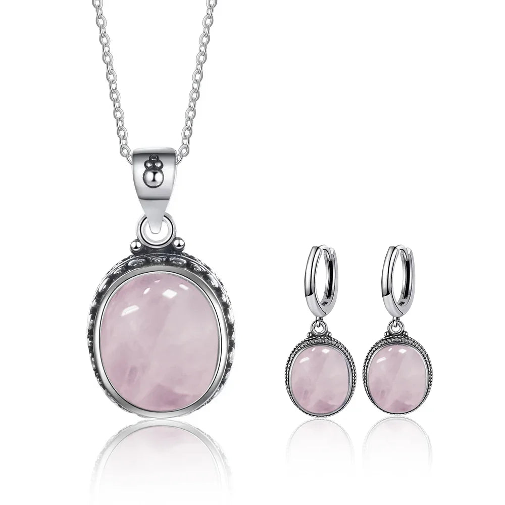 Vintage 925 Sterling Silver Earring Oval Natural Kyanite Stone Moonstone Labradorite Hoop Earrings With Necklace Set For Women