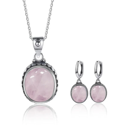 Vintage 925 Sterling Silver Earring Oval Natural Kyanite Stone Moonstone Labradorite Hoop Earrings With Necklace Set For Women