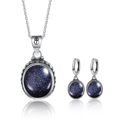 Vintage 925 Sterling Silver Earring Oval Natural Kyanite Stone Moonstone Labradorite Hoop Earrings With Necklace Set For Women