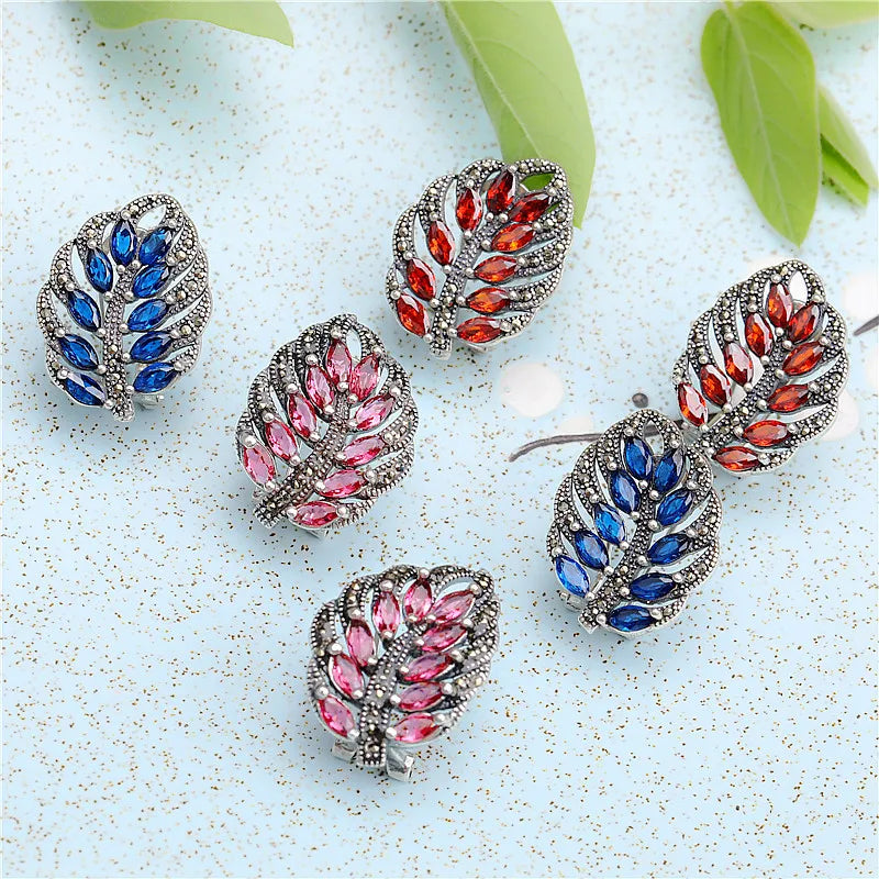 S925 Sterling Silver Stud Earrings for Women New Women's Fashion Relief Leaf Marcasite Garnet Agate Silver Ear-Clip Jewelry