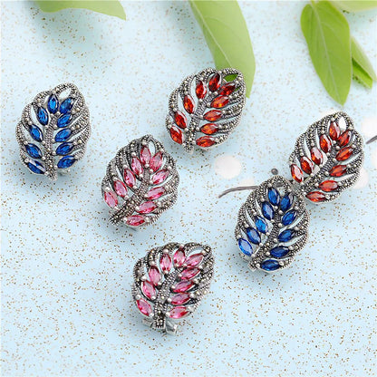 S925 Sterling Silver Stud Earrings for Women New Women's Fashion Relief Leaf Marcasite Garnet Agate Silver Ear-Clip Jewelry