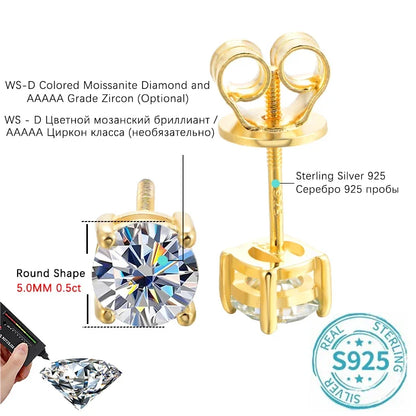 ALITREE 1ct D Color Moissanite Earrings 925 Sterling Sliver Plated Gold Diamond Ear Studs with GRA Certificate for Women Jewelry