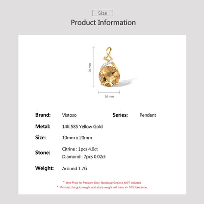 VISTOSO Genuine 14K 585 Yellow Gold Pendant For Women Sparkling Round Citrine Diamond Pendant Delicate Gorgeous Fine Jewelry