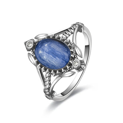 Vintage S925 Sterling Silver Ring Oval Round Natural Kyanite Ring Sun And Flower Shaped Retro Fine Jewelry For Women Men