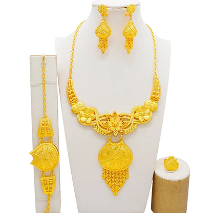 New African Jewelry Set Big Necklace Dubai Ethiopian Gold Color Jewelery Earring Bracelet For Women Bridal Choker Wholesale