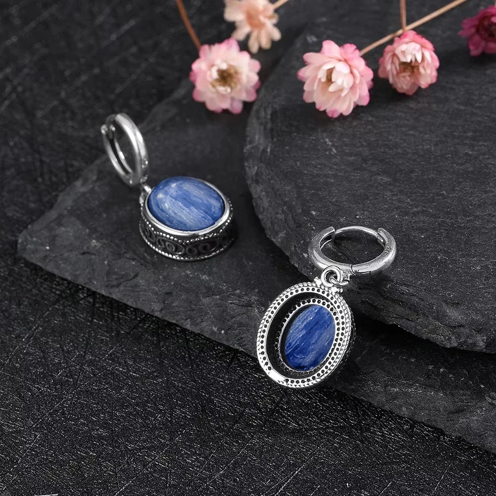 Vintage 925 Sterling Silver Earring Oval Natural Kyanite Stone Moonstone Labradorite Hoop Earrings With Necklace Set For Women