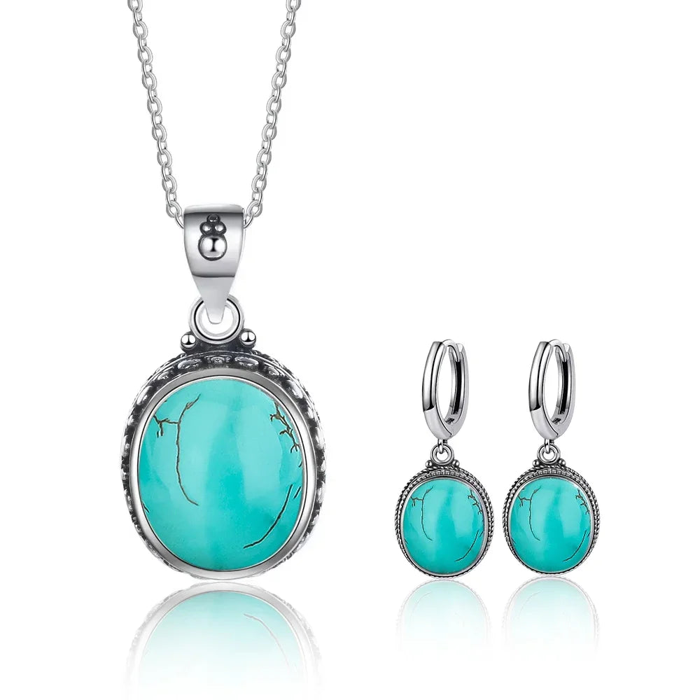 Vintage 925 Sterling Silver Earring Oval Natural Kyanite Stone Moonstone Labradorite Hoop Earrings With Necklace Set For Women