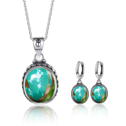 Vintage 925 Sterling Silver Earring Oval Natural Kyanite Stone Moonstone Labradorite Hoop Earrings With Necklace Set For Women