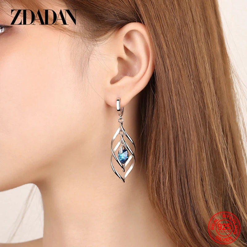 ZDADAN 925 Silver Hollow Blue Crystal Long Drop Earrings For Women Fashion Wedding Jewelry Gift