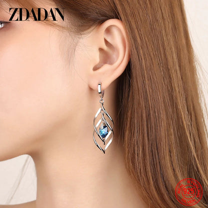 ZDADAN 925 Silver Hollow Blue Crystal Long Drop Earrings For Women Fashion Wedding Jewelry Gift