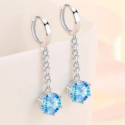 ZDADAN 925 Sterling Silver Blue Crystal Long Drop Earrings For Women Fashion Wedding Jewelry Gifts