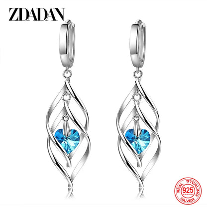 ZDADAN 925 Silver Hollow Blue Crystal Long Drop Earrings For Women Fashion Wedding Jewelry Gift
