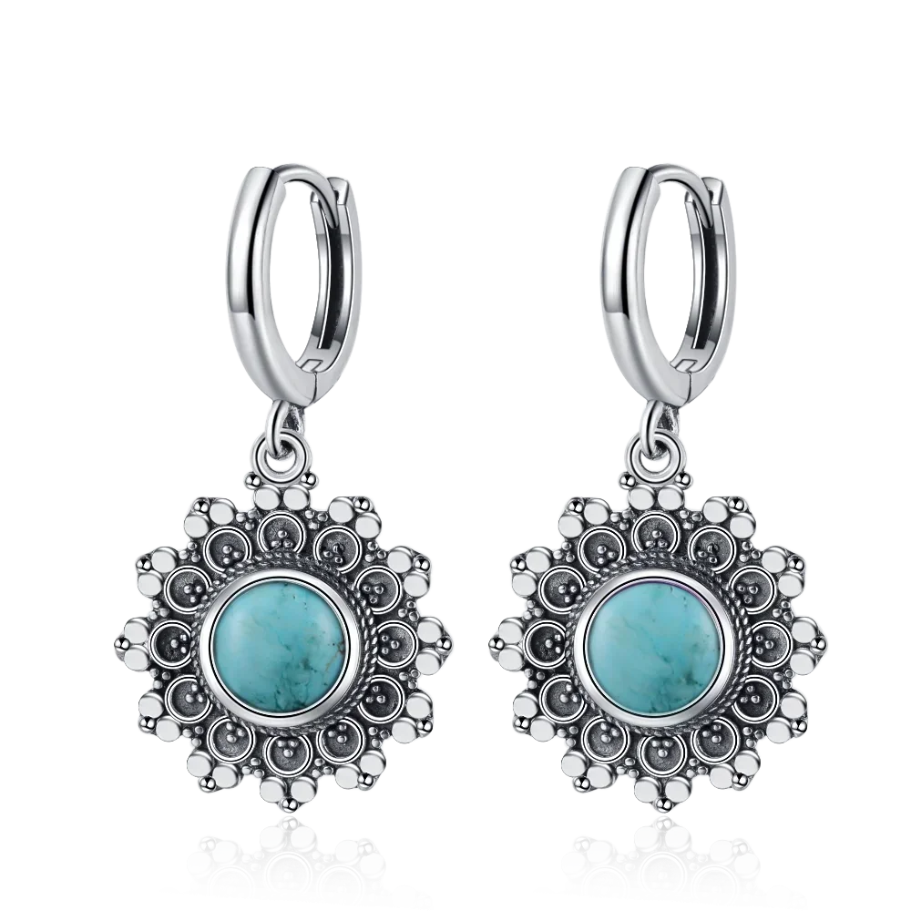 S925 Silver Snowflake Natural Kyanite Earrings for Women Round 6MM Blue Stone Vintage Jewelry Party Anniversary Gifts