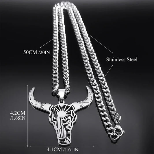 Fashion Bull Head Pendant Animal Cowboy Necklace Women Men Stainless Steel Silver Color Mexican Cow Necklaces Jewelry N3214S03