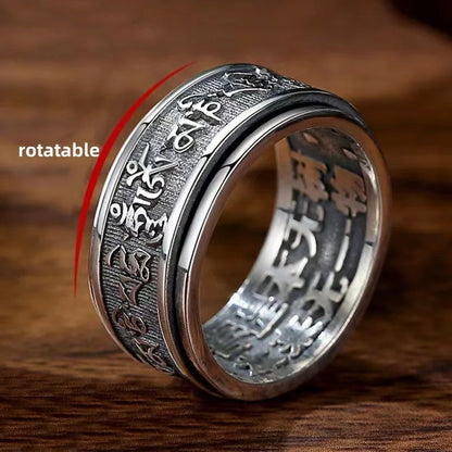 Real 925 Sterling Silver Vintage Rings  Rotatable Tibetan Six Words Mantra Rings Om Mani Padme Hum Buddhist Jewelry